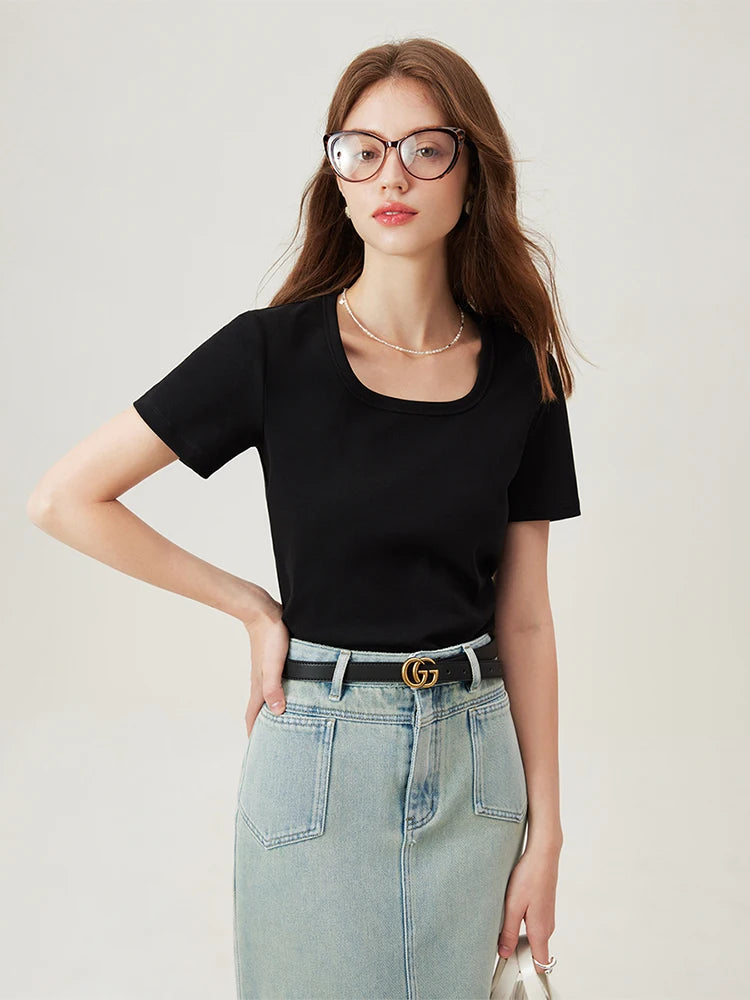 Black Square Neck Women's High-Stretch Plain T-Shirt