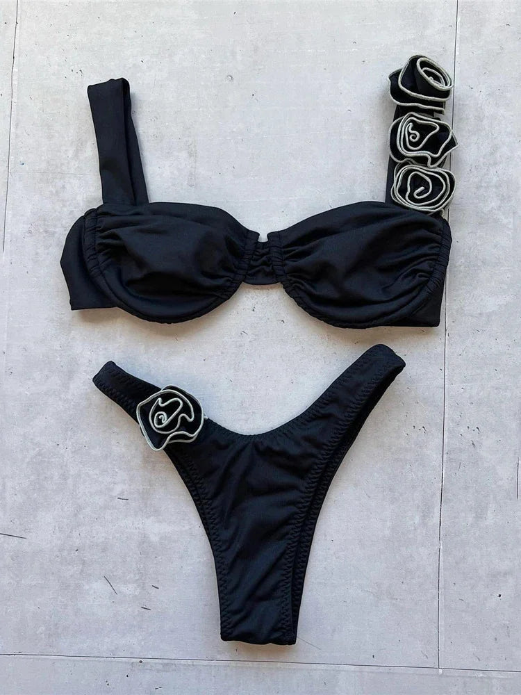 Chic Floral Beach Bikini - Black